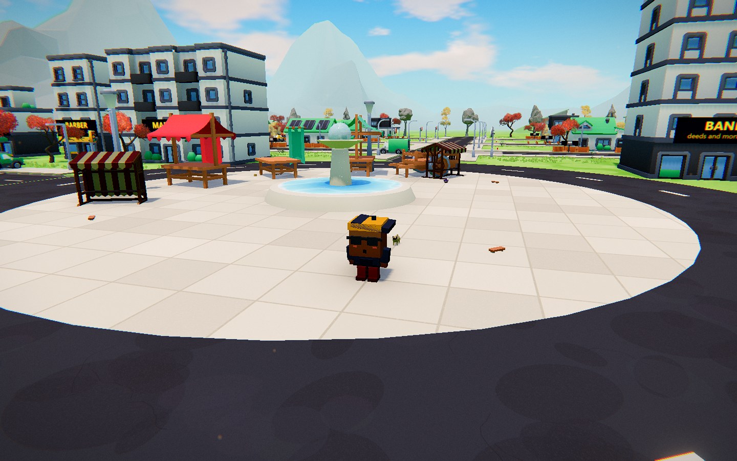 The square at noon: roundabout, market stalls, fountain